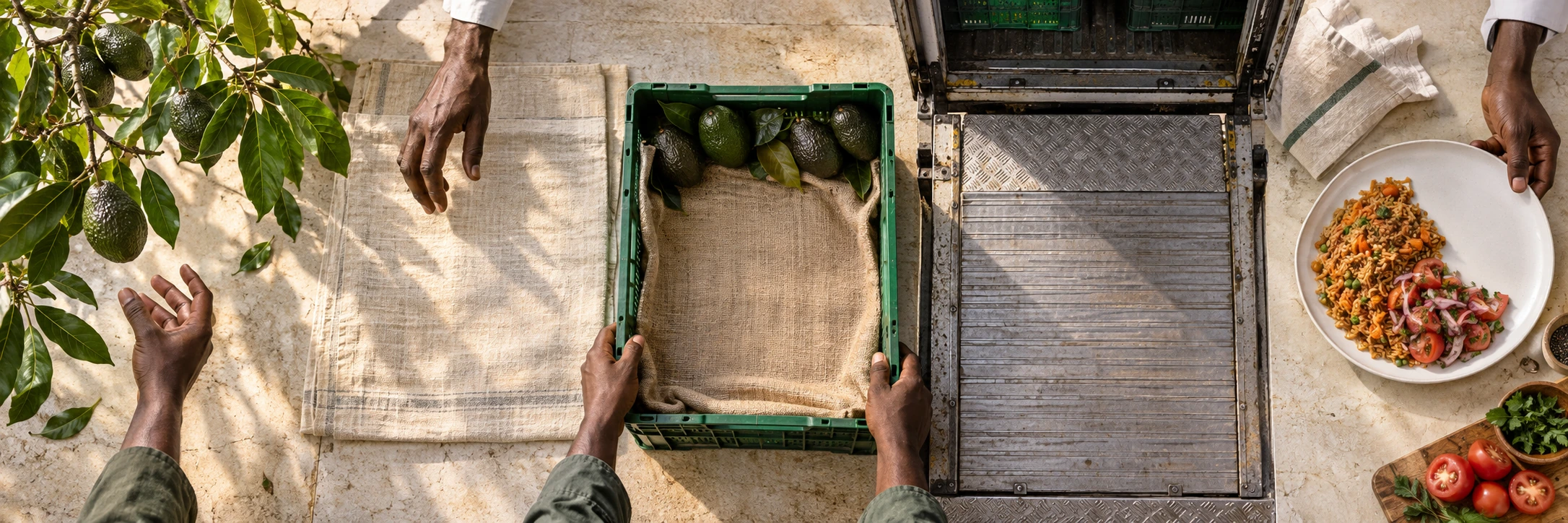 A grower’s hand beneath an avocado branch