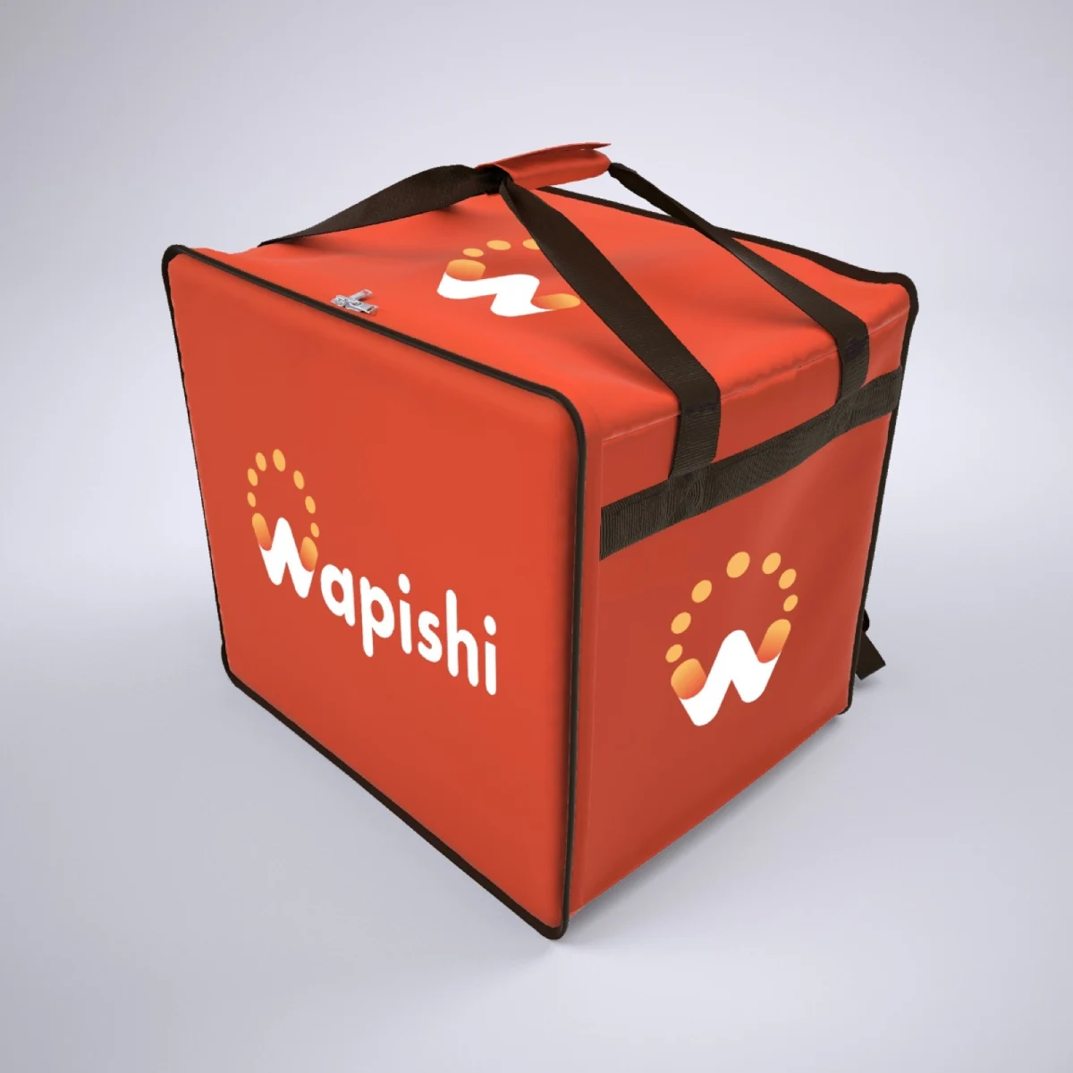 Orange Wapishi branded insulated delivery bag with black carrying straps